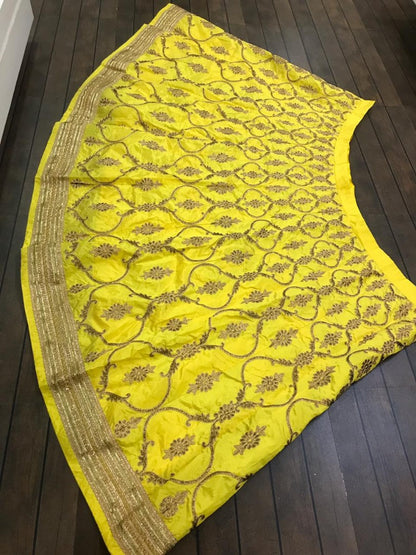 yellow tapeta silk embroidered wedding lehenga choli