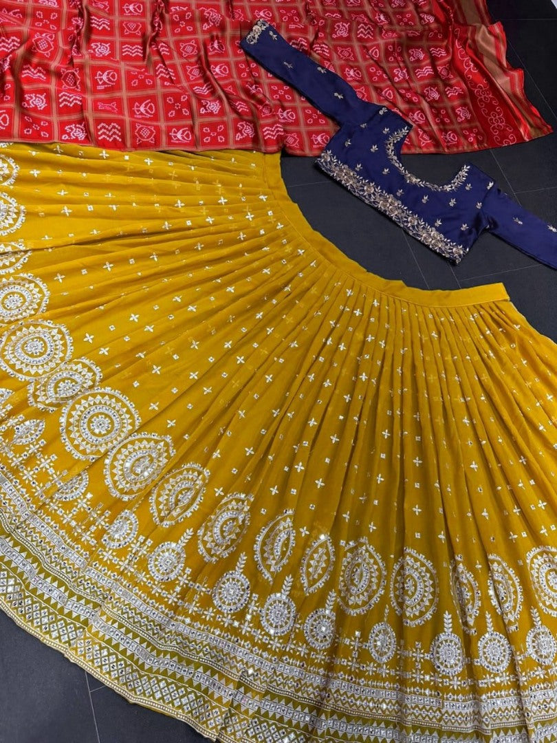 Yellow tapeta silk heavy embroidery work haldi ceremony lehenga choli