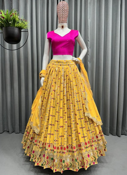 Yellow tapeta silk heavy embroidery work lehenga choli for haldi ceremony