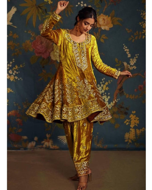 Yellow velvet embroidered salwar suit