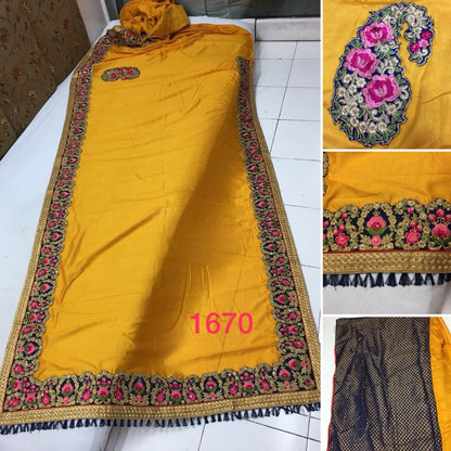 yellow vichitra silk heavy embroidered designer wedding saree