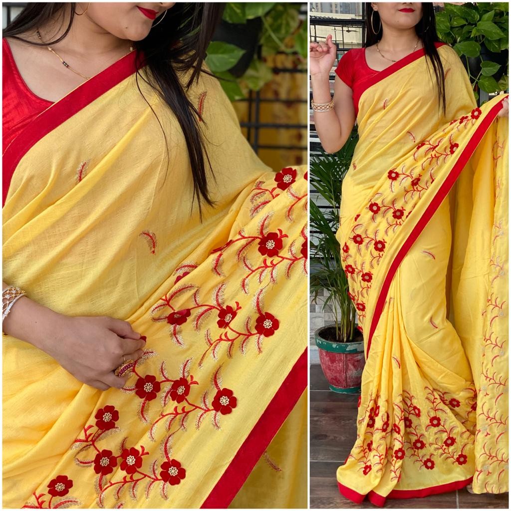 Yellow vichitra velvet cutwork and glitter sequence saree