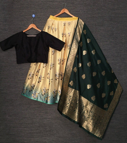Yellow zari satin silk printed lehenga choli with banarasi dupatta