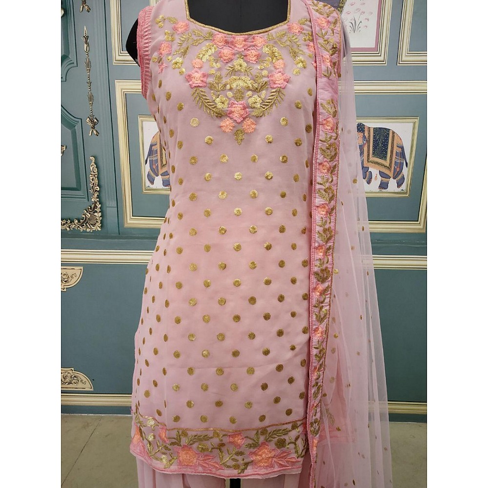 Baby pink georgette thread embroidered patiala salwar suit