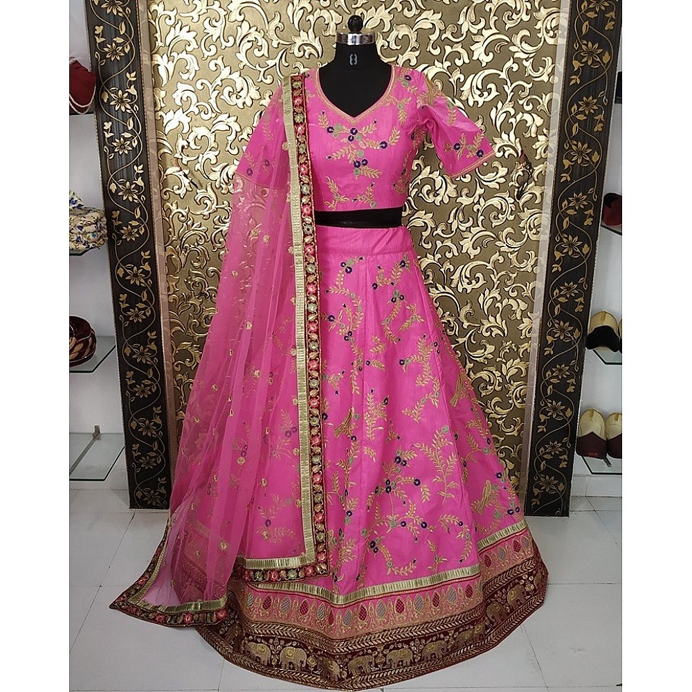 Baby pink satin banglory heavy embroidered designer bridal lehenga