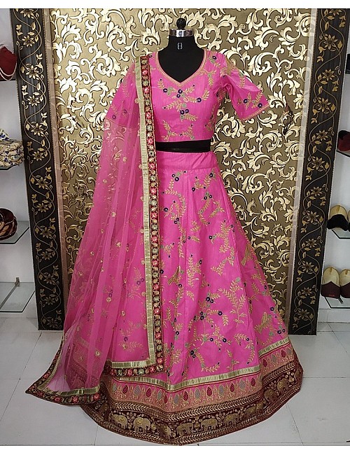Baby pink satin banglory heavy embroidered designer bridal lehenga
