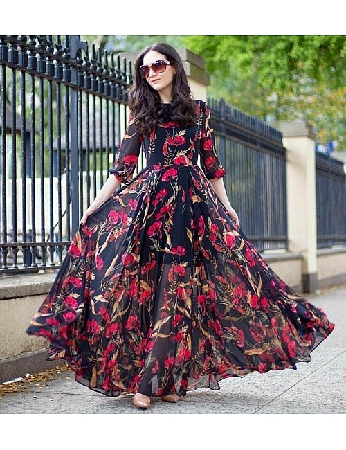 Black georgette floral digital printed gown