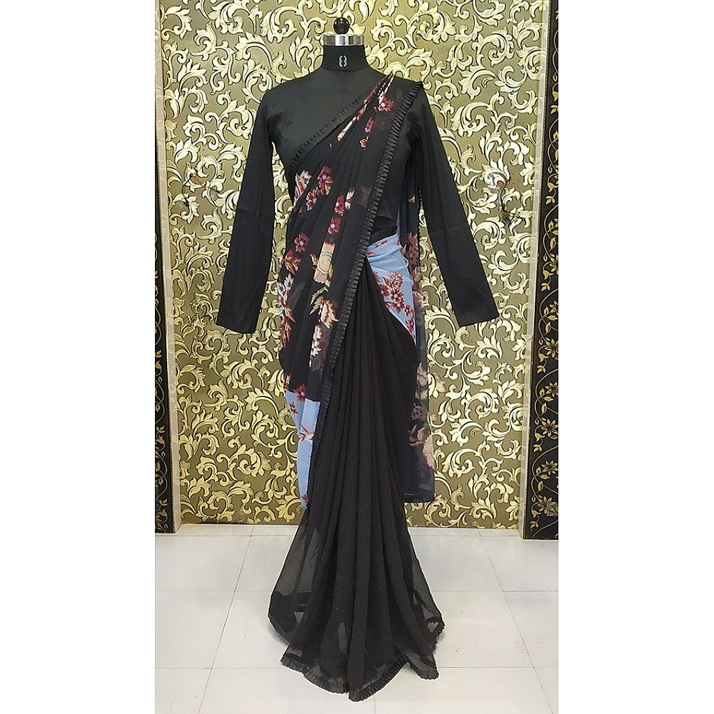 Black georgette flower digital printed partywear saree