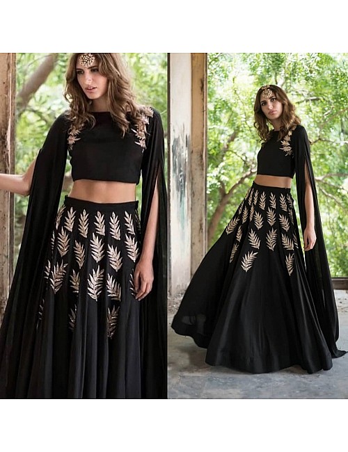 Black georgette zari and sequence embroidered partywear crop top lehenga