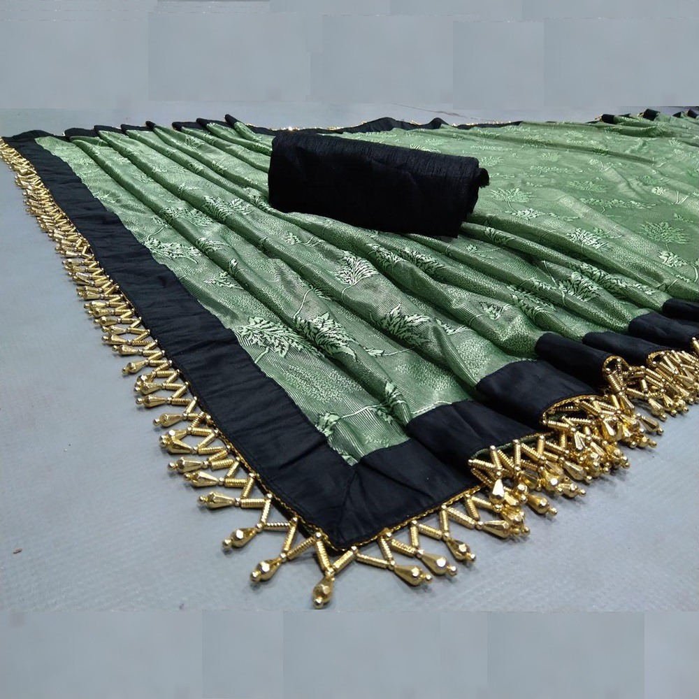 Mahendi green jursy jacquard saree with handwork border