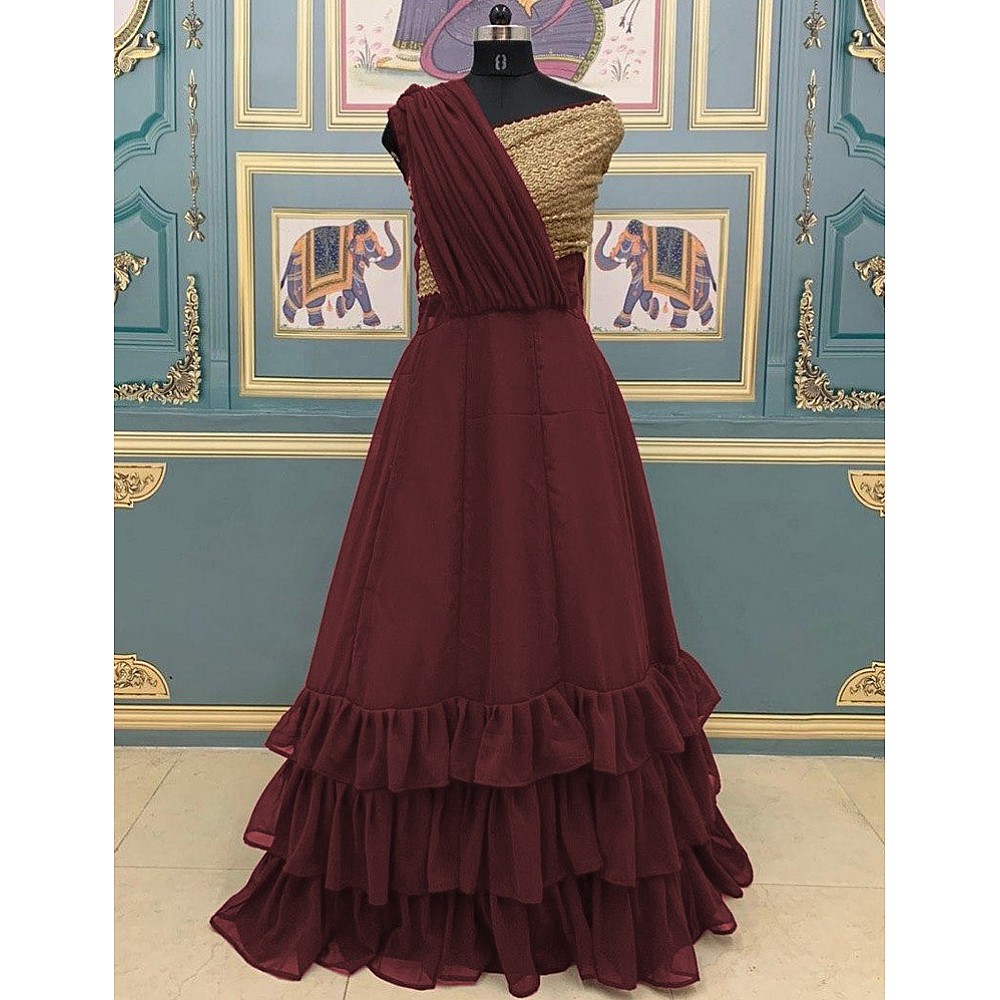Maroon georgette zari embroidered ruffle layers partywear gown