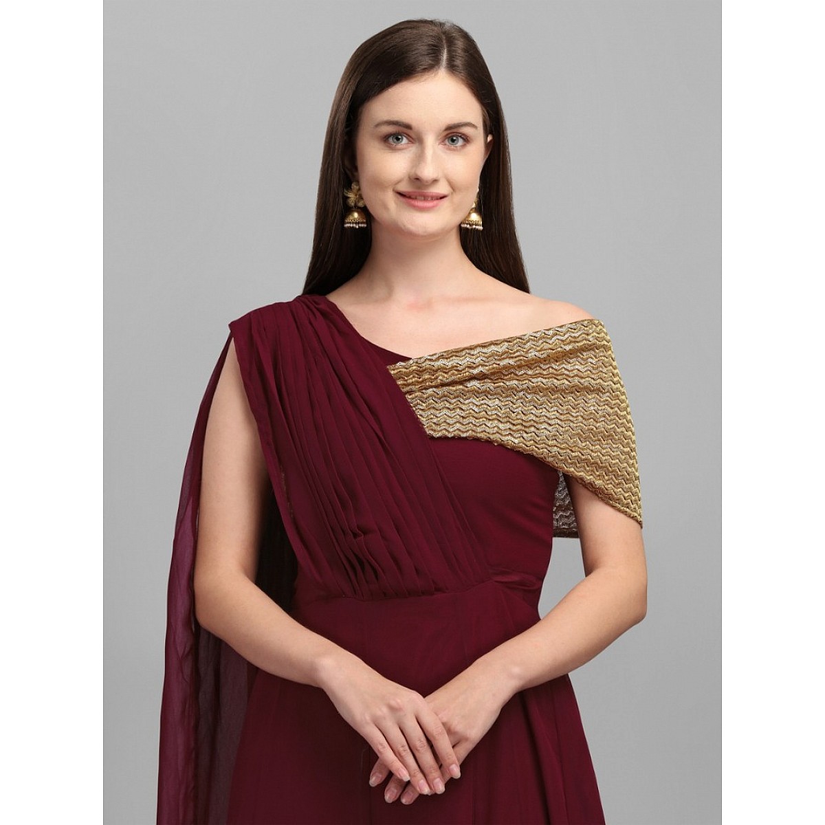 Gown : Maroon georgette zari embroidered ruffle layers partywear ...