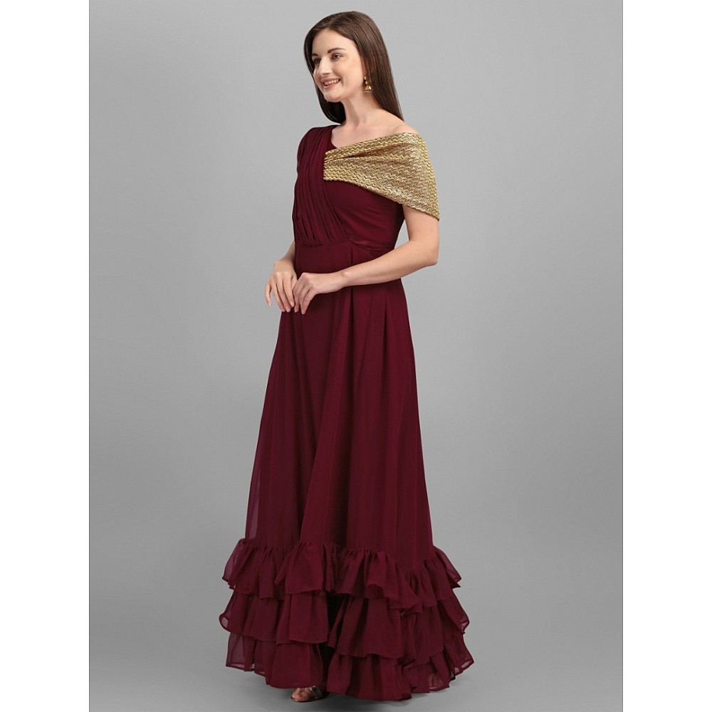 Maroon georgette zari embroidered ruffle layers partywear gown