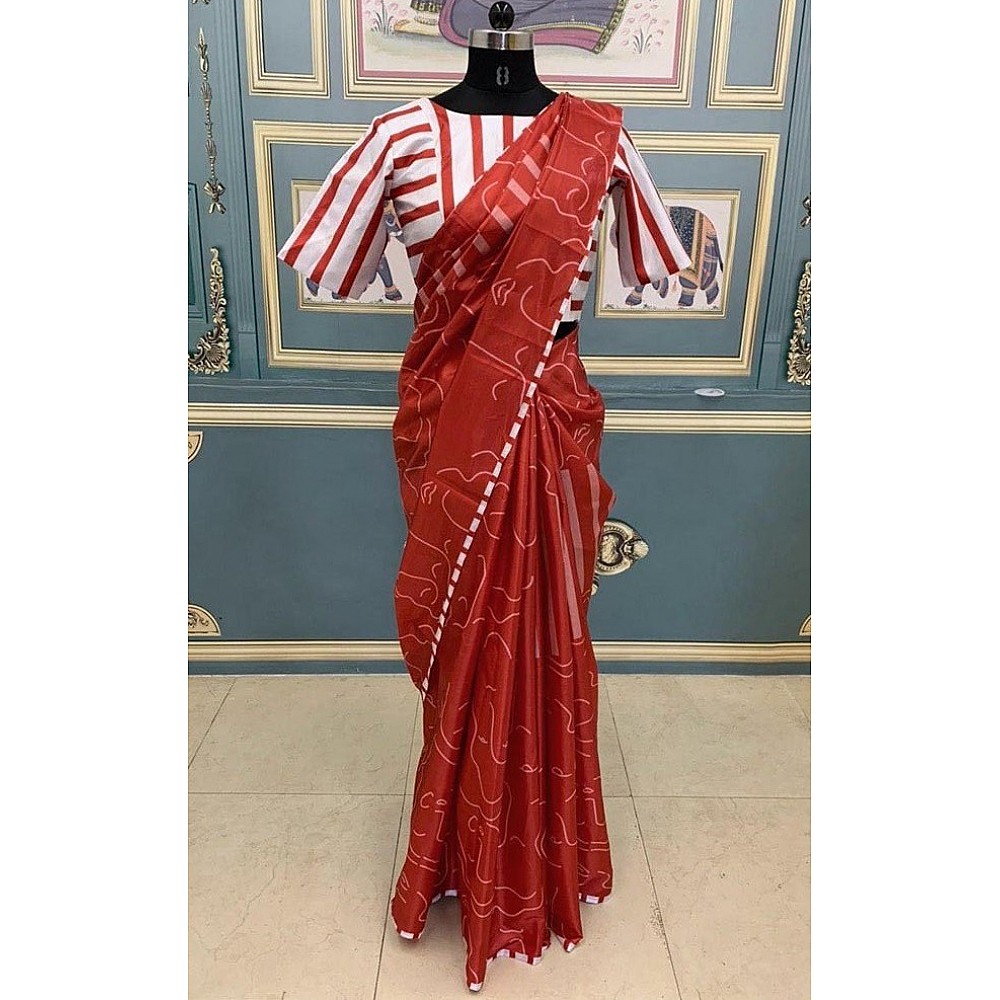 Maroon paper silk printed saree with printed strip blouse