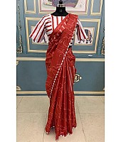 Maroon paper silk printed saree with printed strip blouse