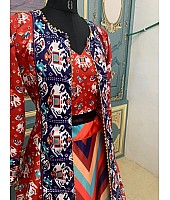 Multicolored taffeta silk patola print indowestern lehenga with koti