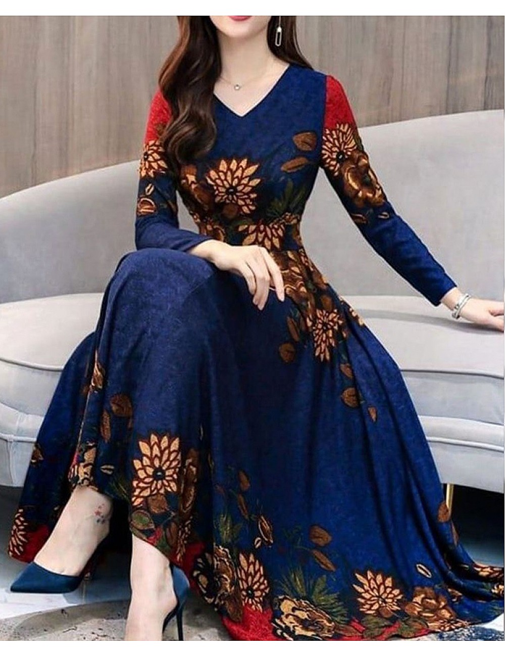 designer Navy blue printed Ceremonial Gown - Fashiondeal.in