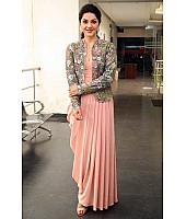 Peach georgette drapping gown with embroidered jacket