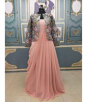 Peach georgette drapping gown with embroidered jacket