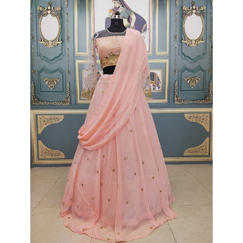 Peach georgette thread and sequence embroidered lehenga choli for ceremony