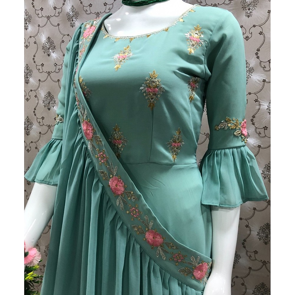 Pista green georgette embroidered indowestern gown