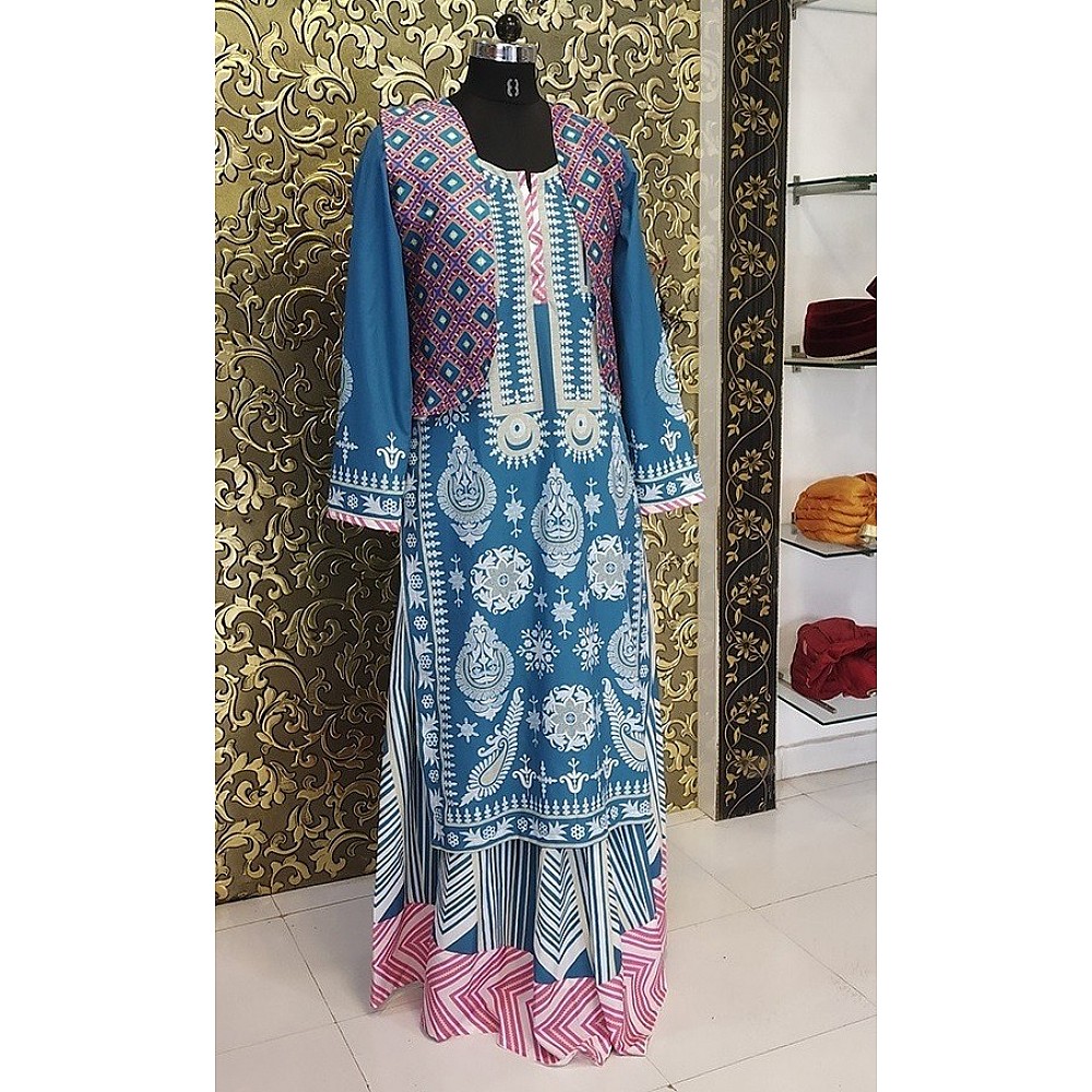 sky blue crape printed stylist plazzo suit with jacket