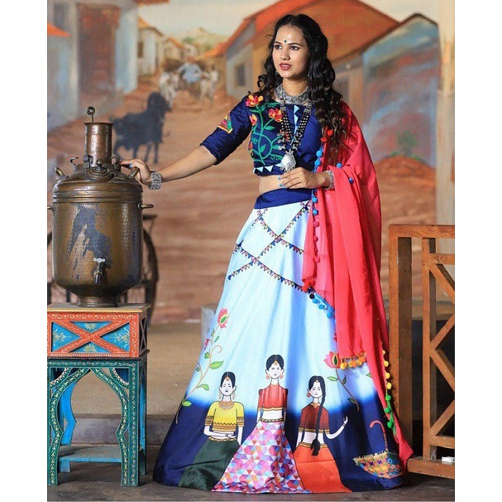 Sky blue tapeta silk multi color printed festive lehenga choli