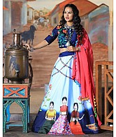 Sky blue tapeta silk multi color printed festive lehenga choli