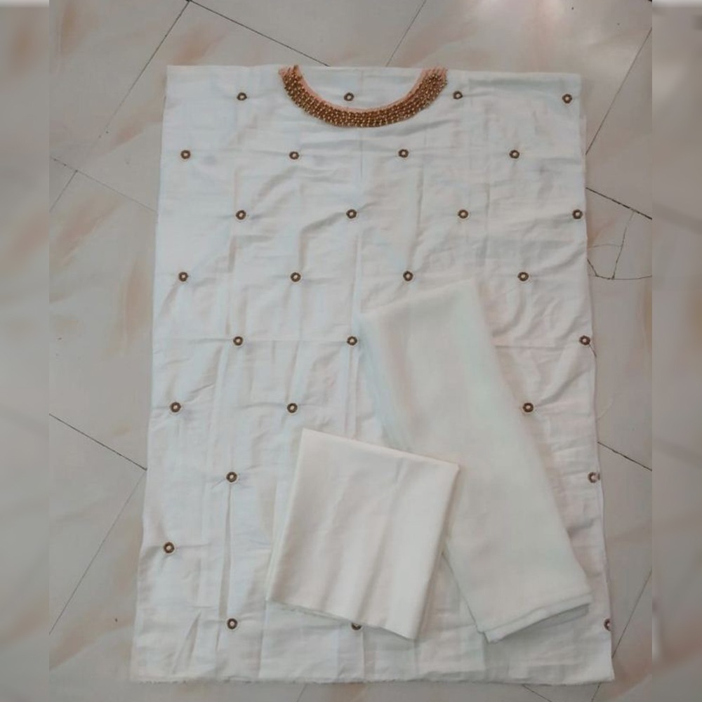 White cotton moti work dress material