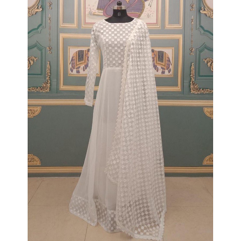 White georgette thread embroidered anarkali gown