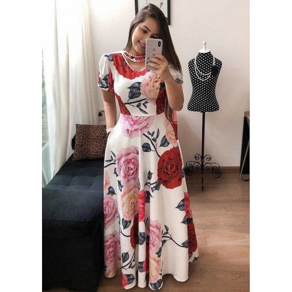 white heavy american crape big rose flower printed gown