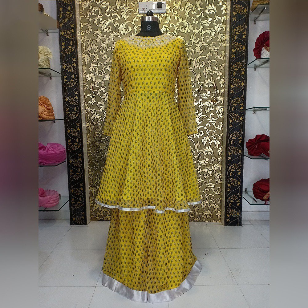 Yellow bollywood style printed sharara salwar suit