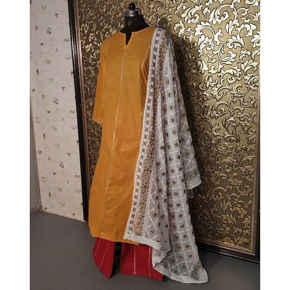 yellow cotton top and red plazzo suit with heavy dupatta