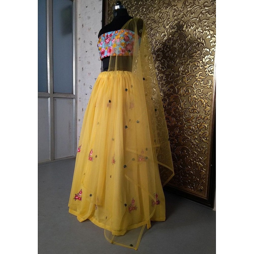 Yellow georgette embroidered lehenga choli for haldi ceremony
