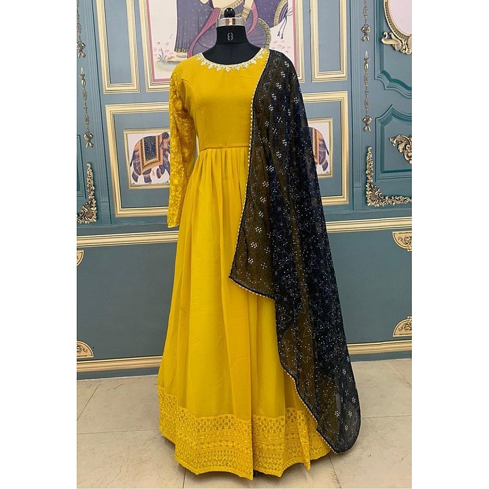 Yellow georgette thread and sequence embroidered anarkali gown