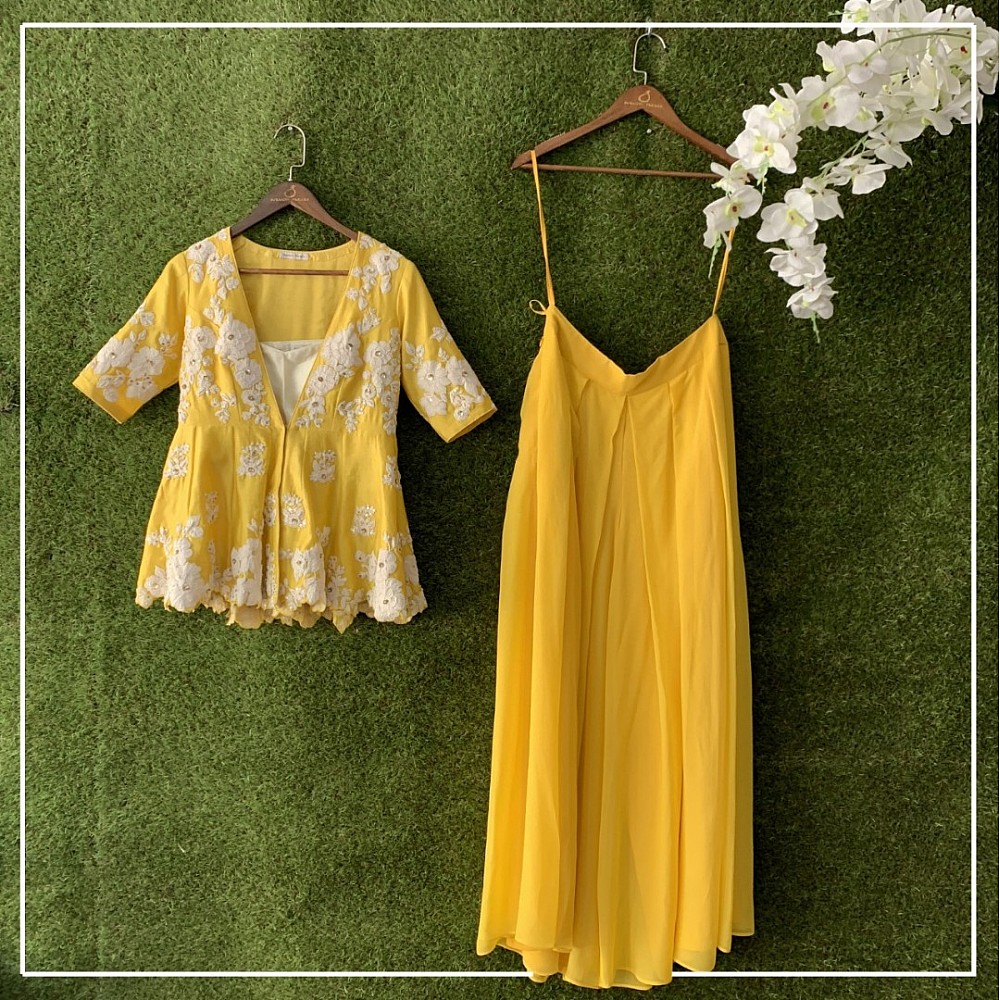 yellow georgette threadworked top plazzo suit