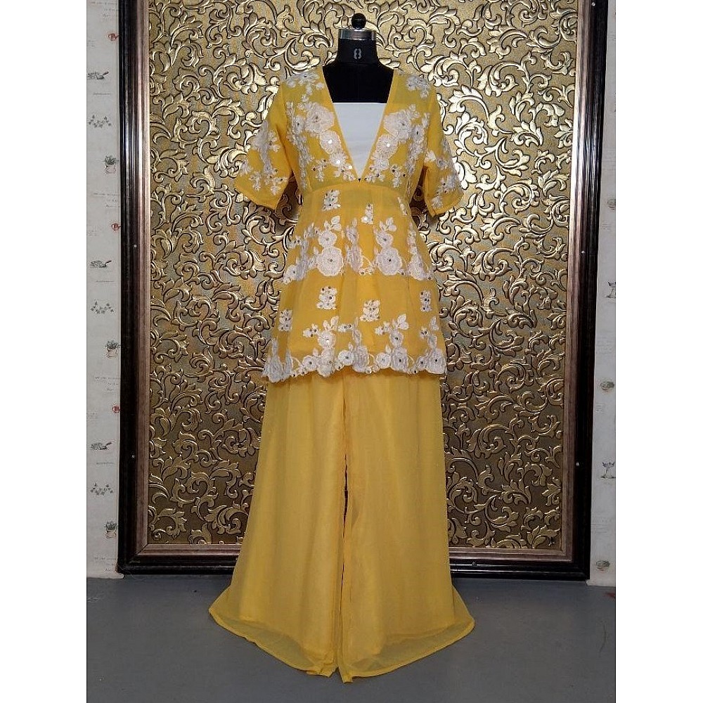 yellow georgette threadworked top plazzo suit