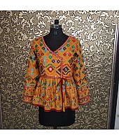 Yellow multi color thread embroidery work festive kurti top