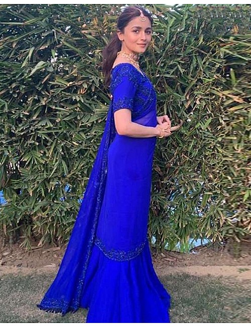 alia bhutt blue georgette partywear saree 