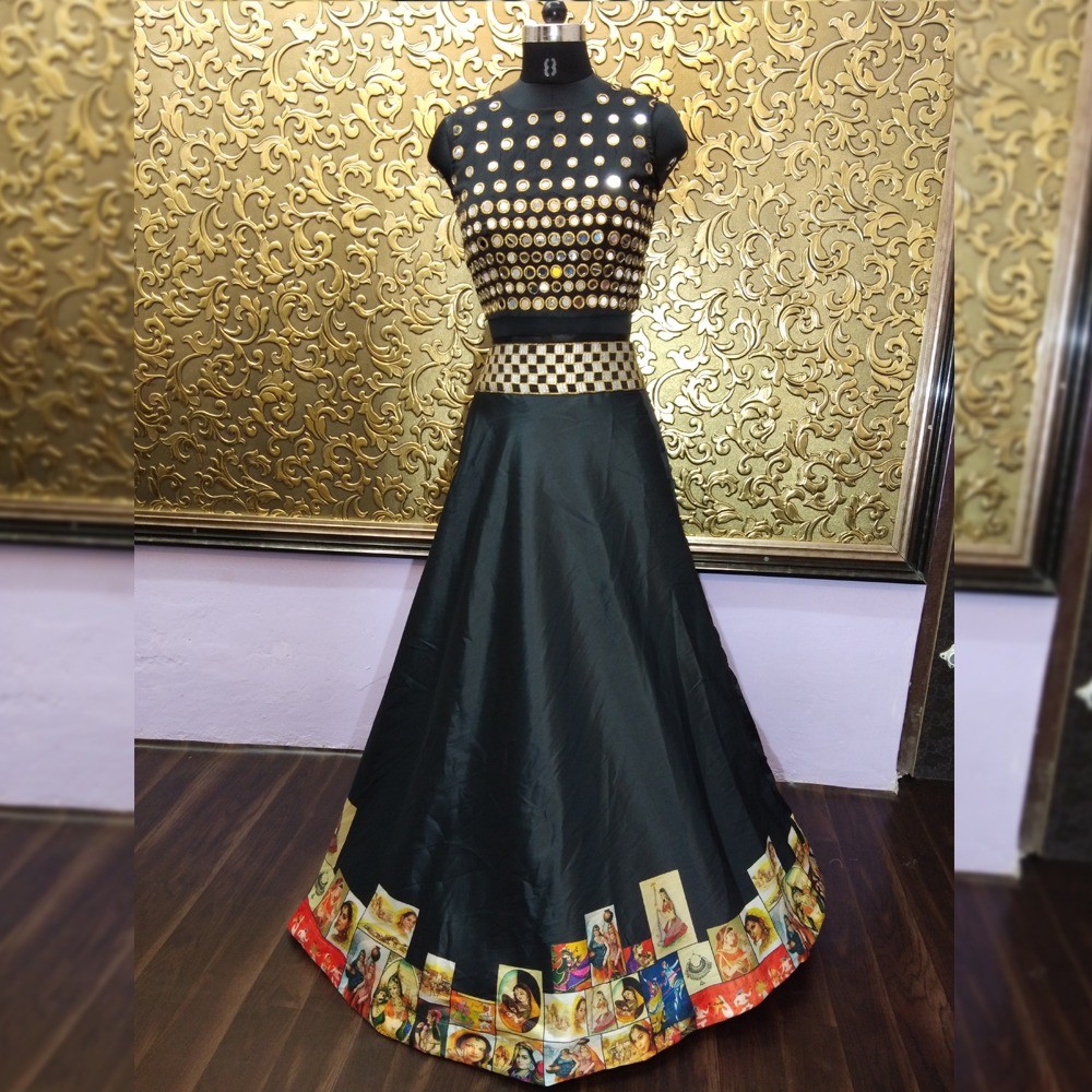 Black tapeta silk festival wear lehenga with mirror work blouse