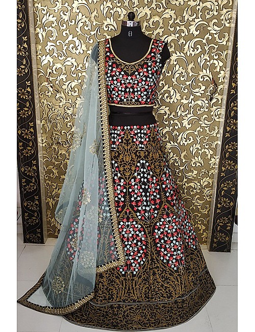 Black tapeta silk heavy multicolor threadwork beautiful wedding lehenga