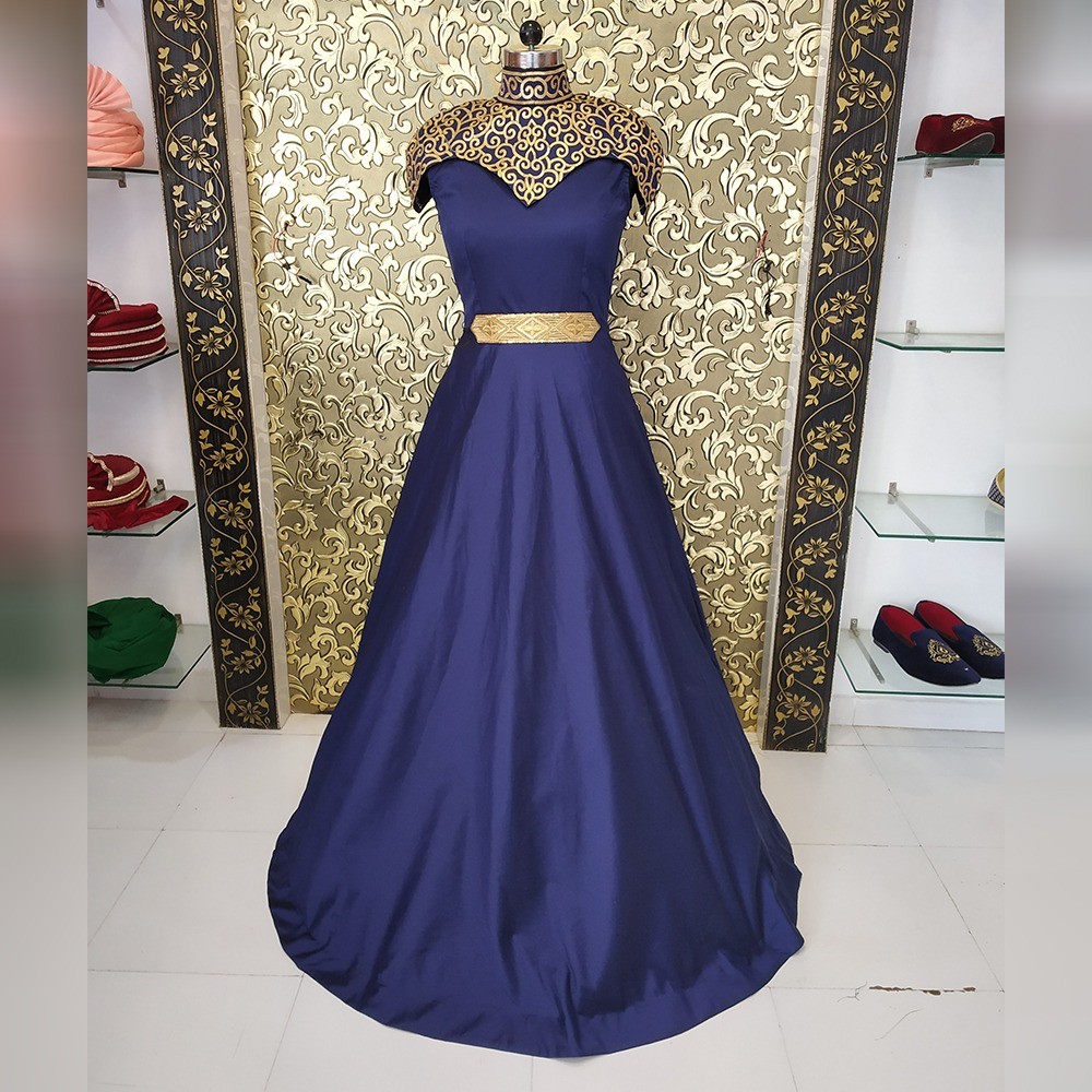 Blue embroidered long partywear gown