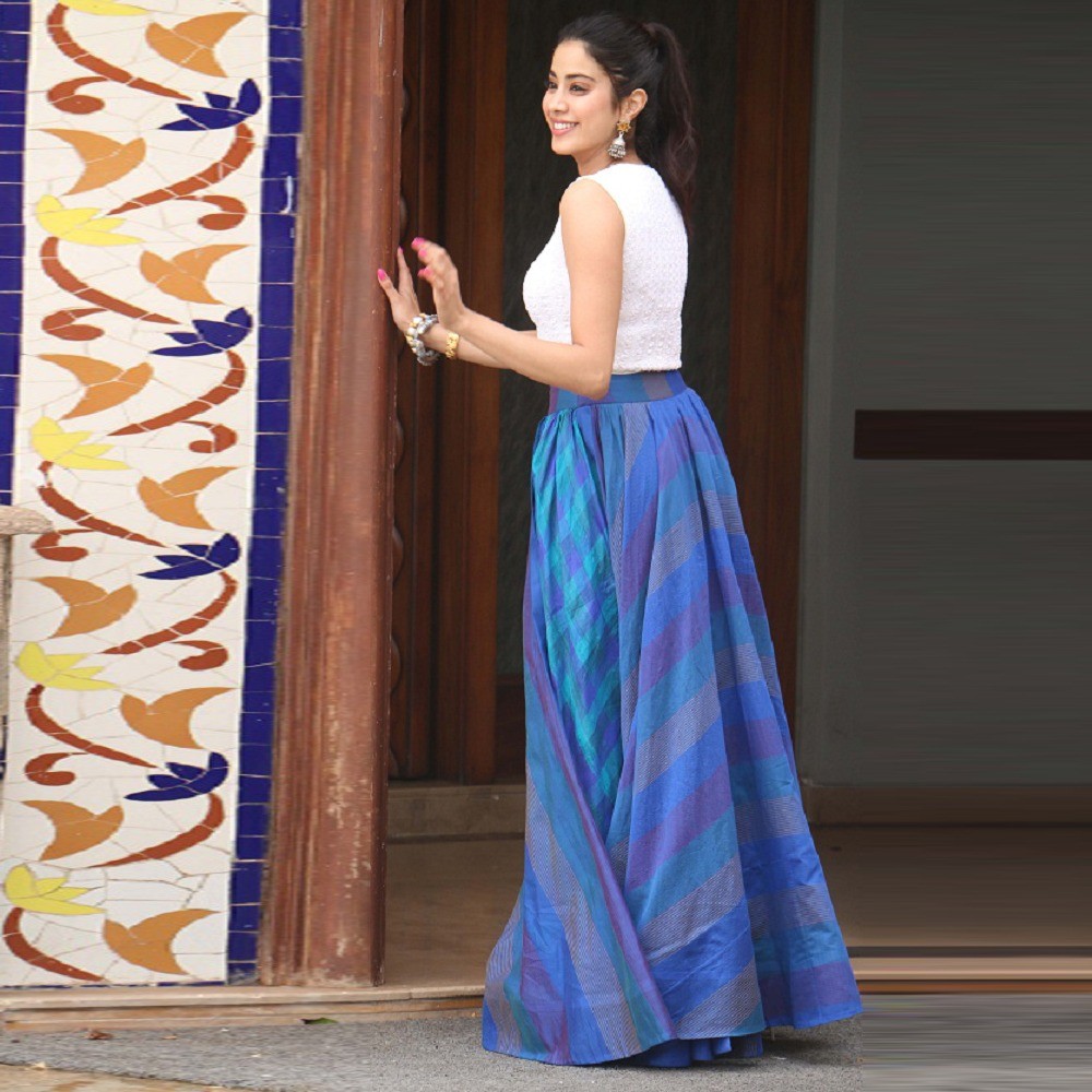 jhanvi kapoor blue tapeta silk bollywood crop top casual lehenga 