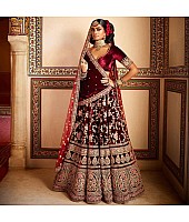 Maroon heavy velvet designer embroidered bridal lehenga with can can net