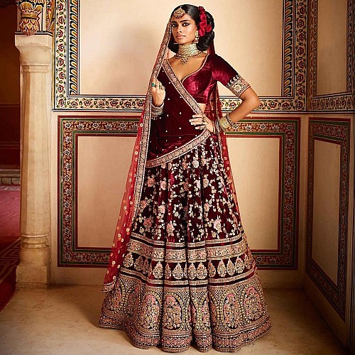 Maroon Heavy Velvet Designer Embroidered Bridal Lehenga With Can Can Net