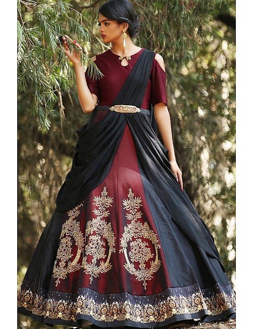 maroon tapeta silk embroidered partywear gown