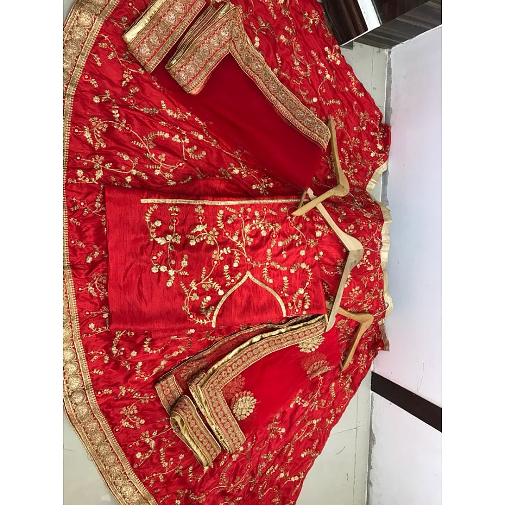 Red banarasi silk embroidered bridal lehenga