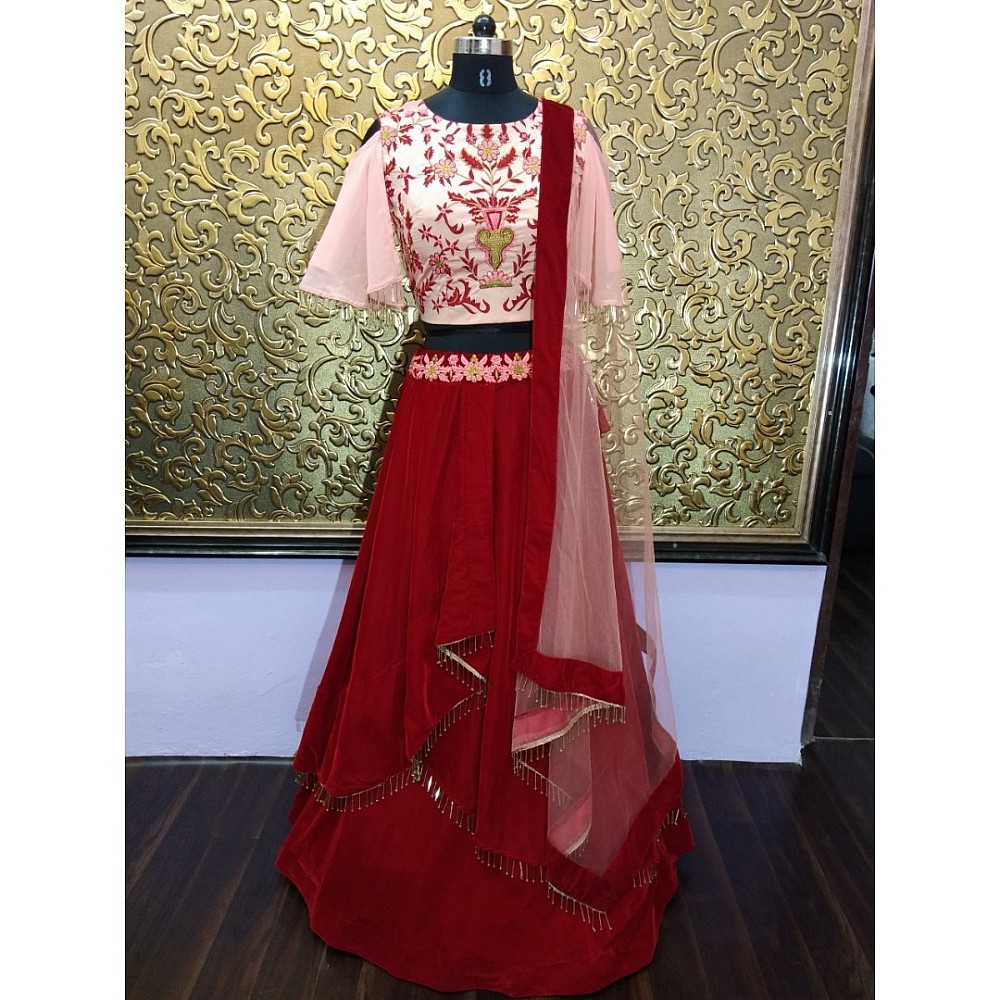 red velvet festival wear lehenga with embroidered blouse