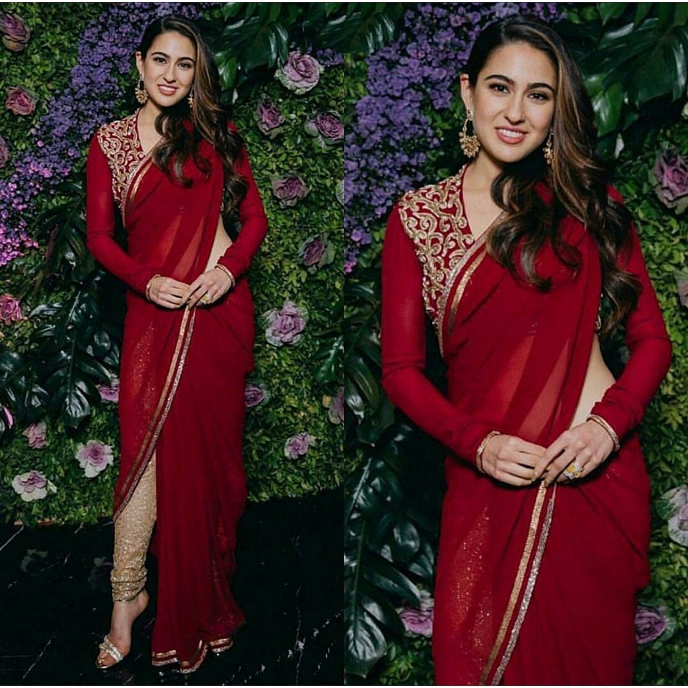Sara ali khan beautiful red stylist saree with chudidar bottom