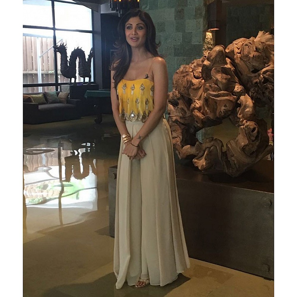 Shilpa shetty off white plazzo with yellow embroidered top